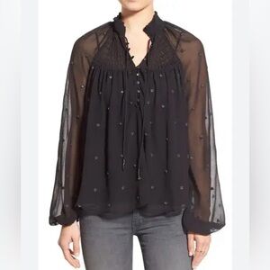 FREE PEOPLE ready to run black sheer smocked dot georgette long sleeve top XS
